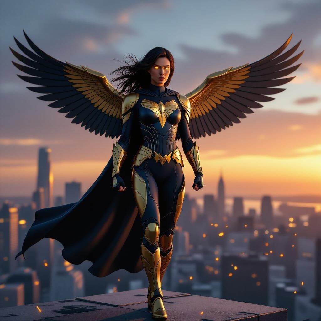 The Eagle: Superheroine Overlooking City at Sunset