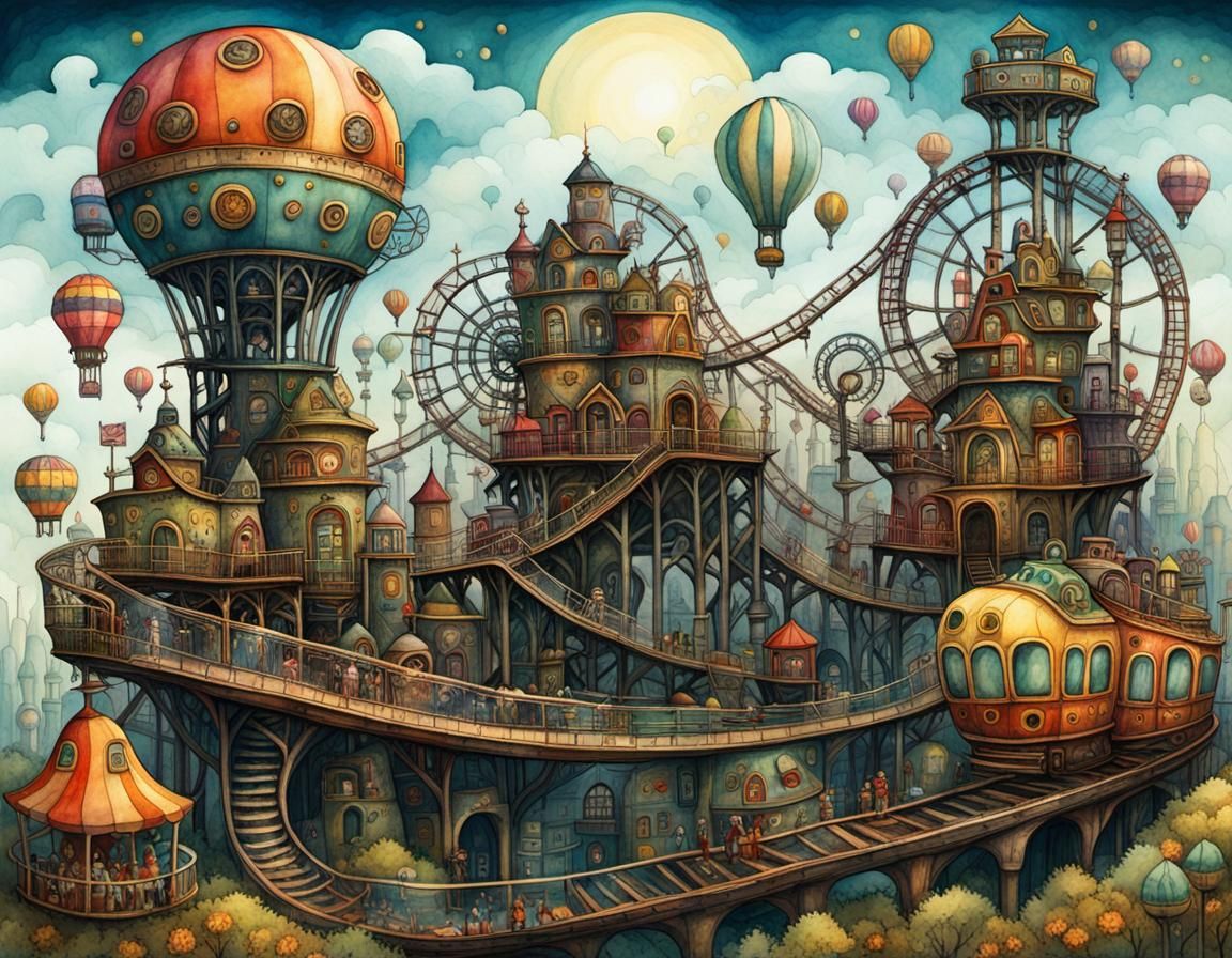 Surreal Amusement Park in Folk Art Style