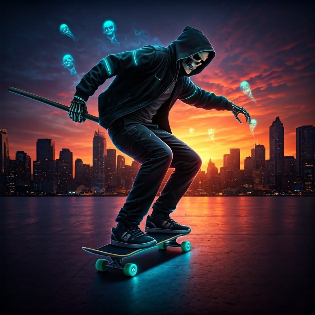 Grim Reaper Skateboarding at Dusk: Professional Photography