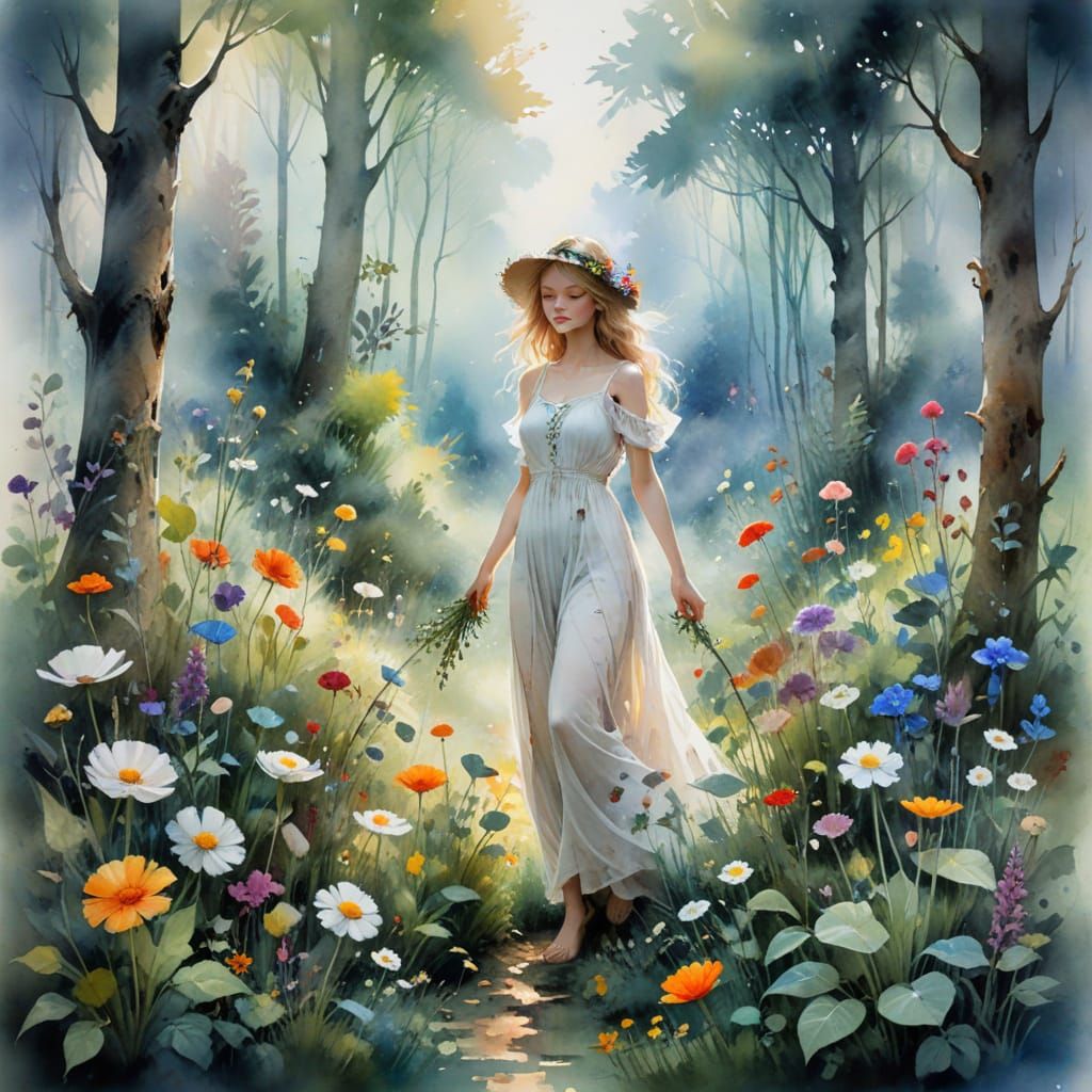 Enchanted Forest Witch Garden Watercolor Art