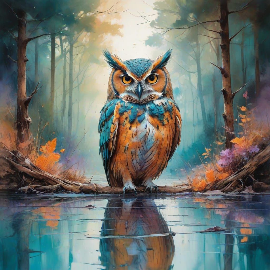 Vibrant Mixed Media Art of Owl in Ancient Woods