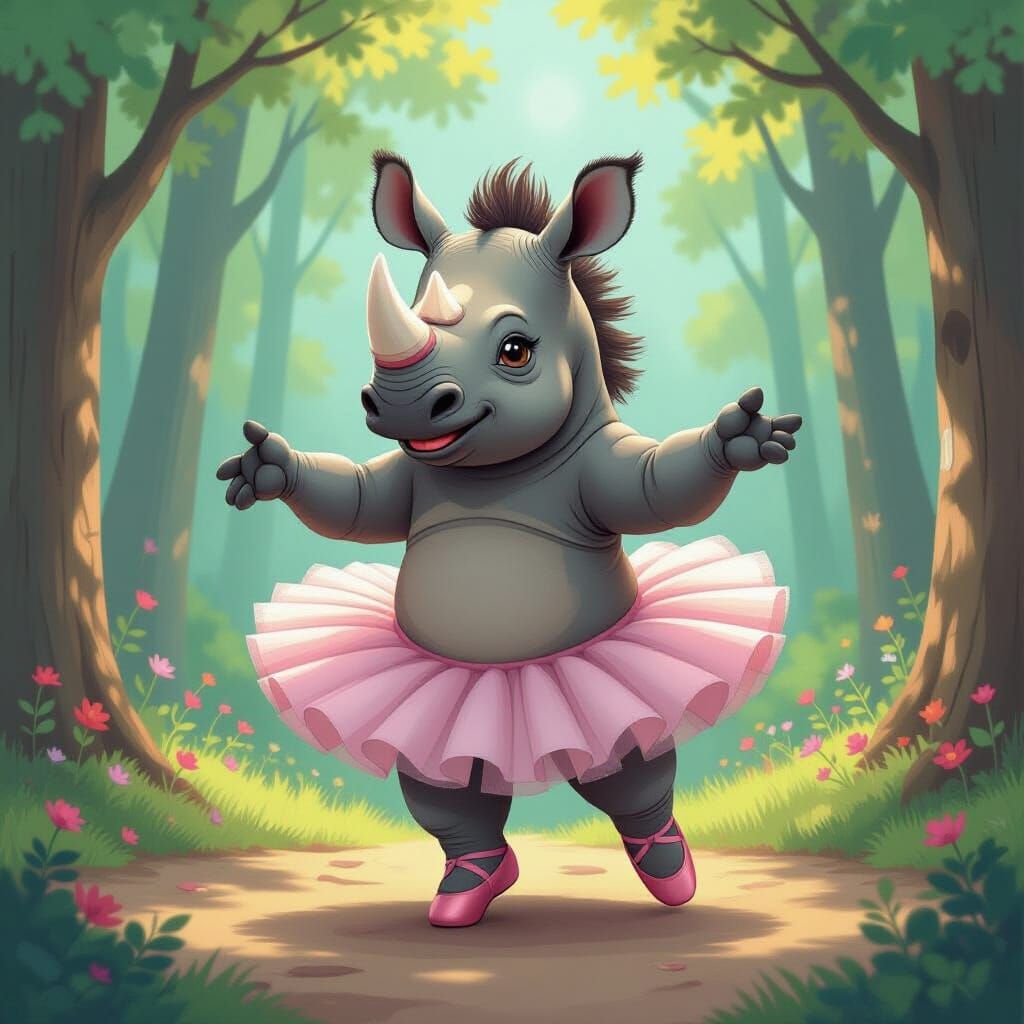 Rhinoceros Ballet Dancer in Whimsical Forest