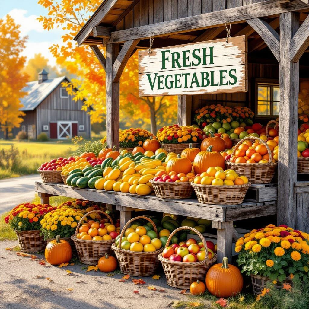 Charming Autumn Farm Stand with Colorful Produce