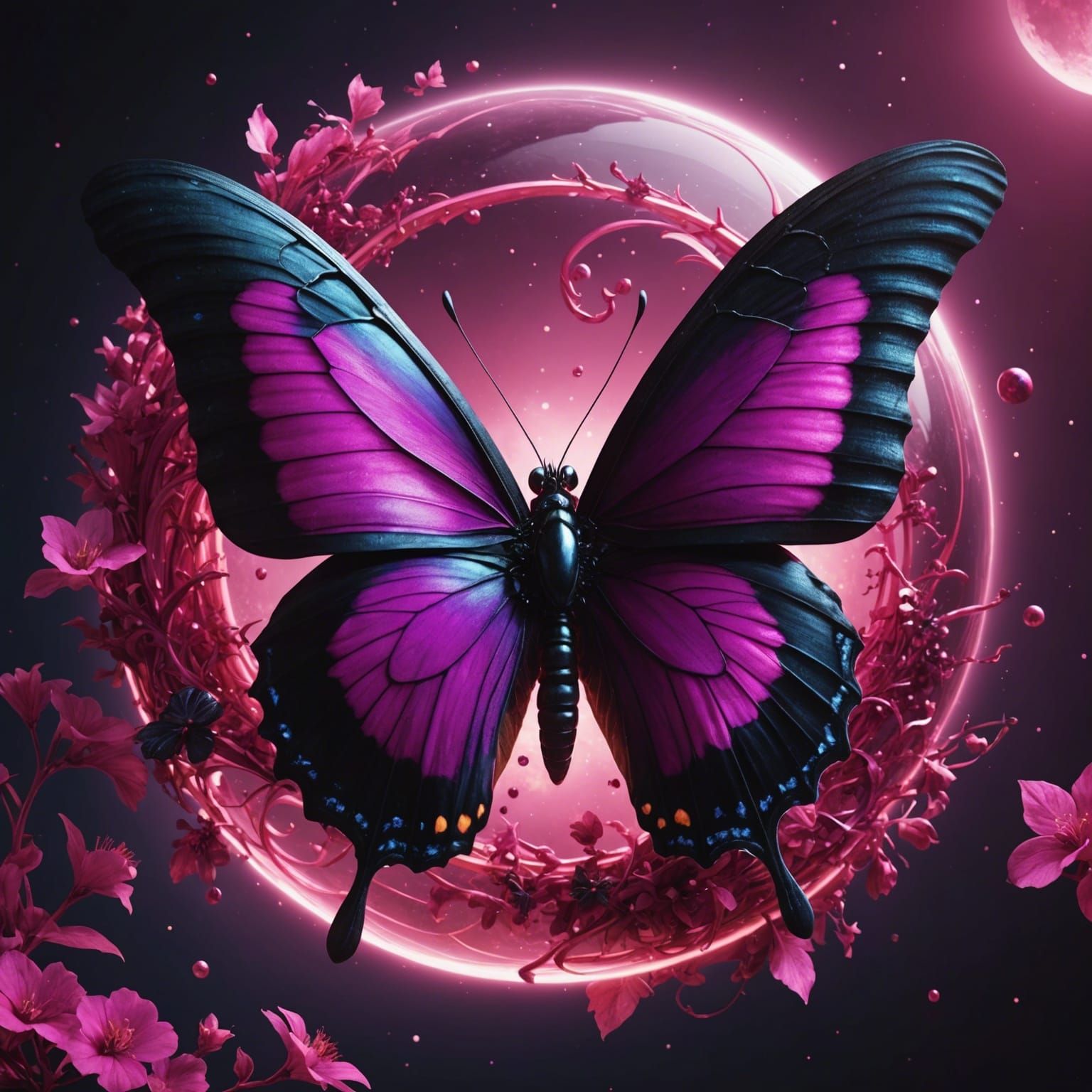 Magenta Butterfly with Moon Eclipse, Detailed Painting