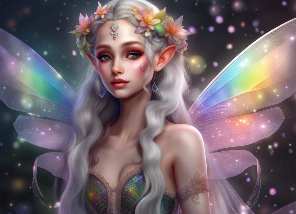 Beautiful Elf Fairy with Wolf in Field