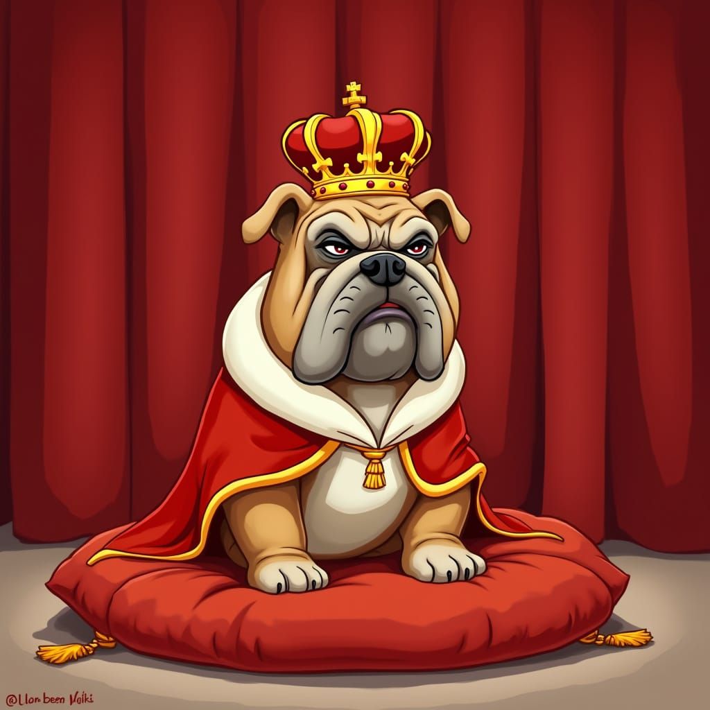 Grumpy Bulldog King Caricature on Velvet Cushion