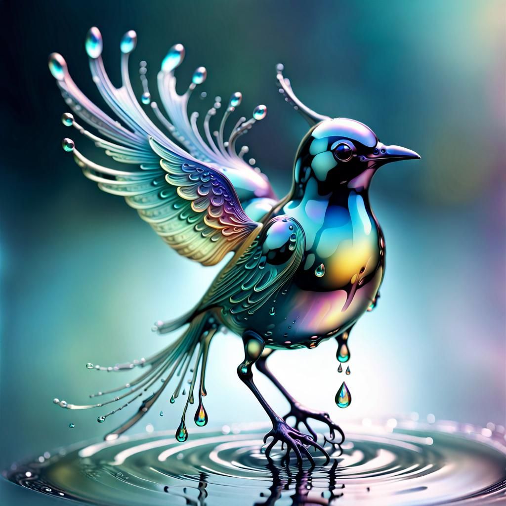 Iridescent Water Droplet Bird in Whimsical 3D Art