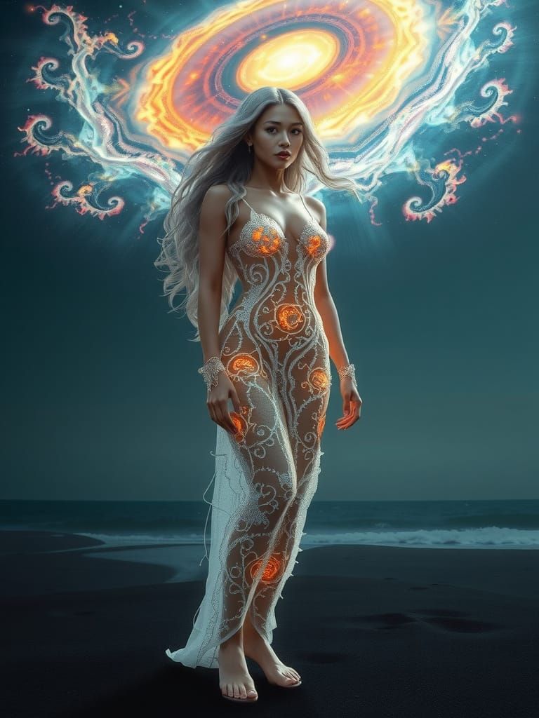 Majestic Bioluminescent Coral Woman in Cosmic Landscape