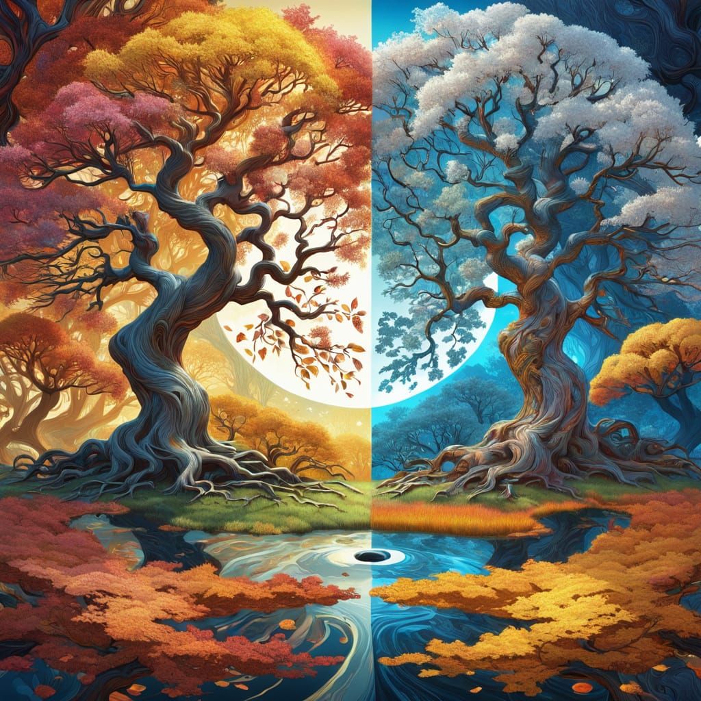 Yin-Yang Trees: Spring and Autumn Harmony