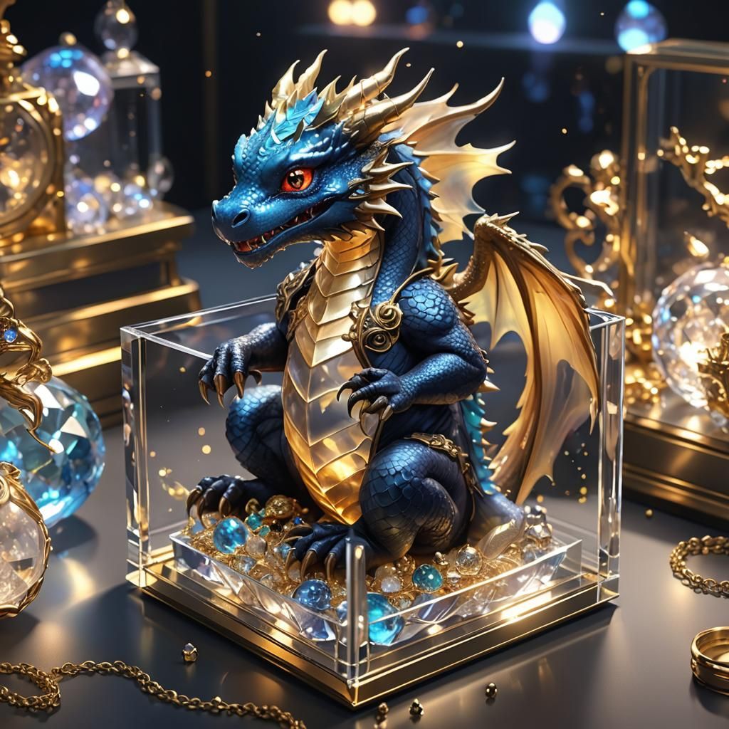 A cute miniature baby dragon sitting in a glass jewelry box ...