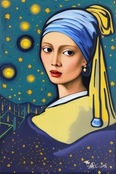 Girl with Pearl Earring: Starry Night Folk Art
