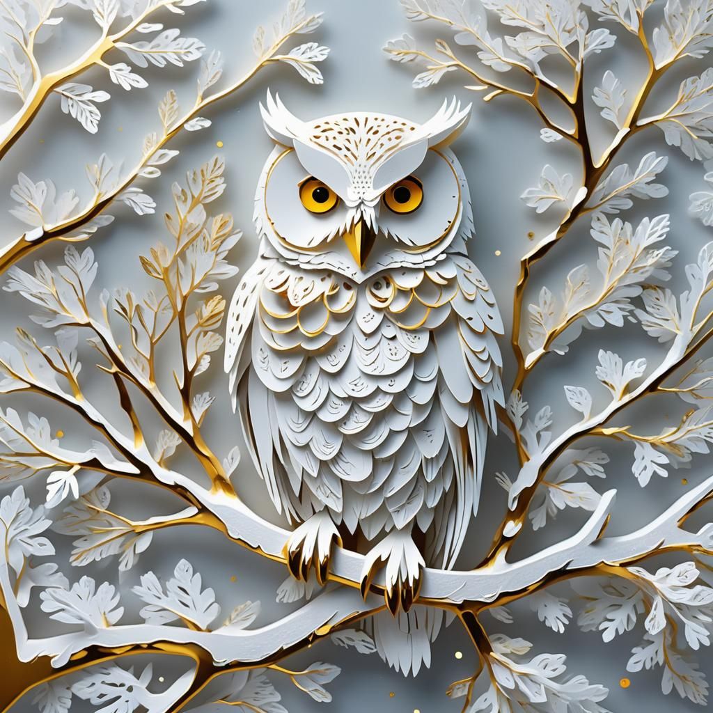 Kirigami White Owl on Snowy Branch
