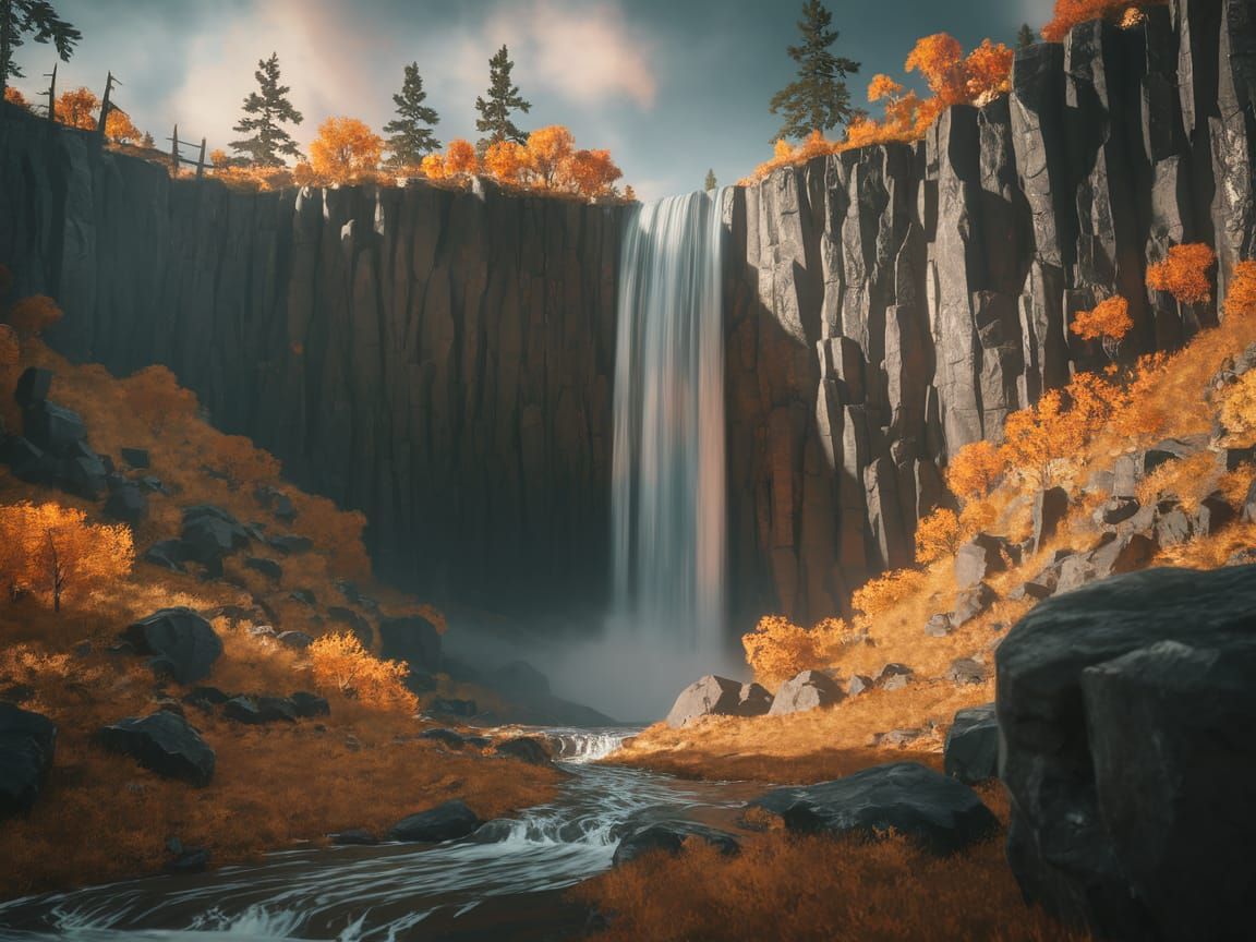 Dramatic Waterfall Scene with Autumn Foliage