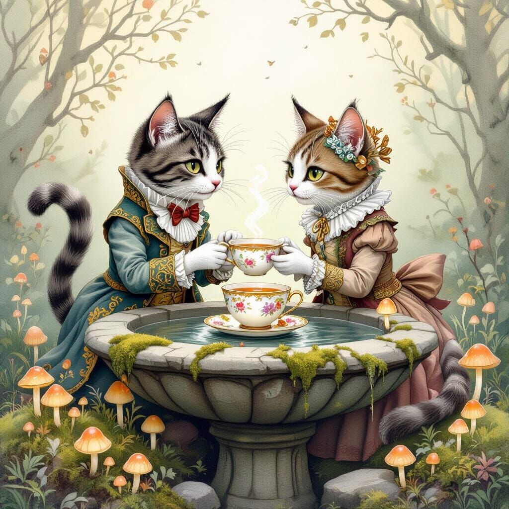 Whimsical Cats Share Tea by Glowing Mushrooms