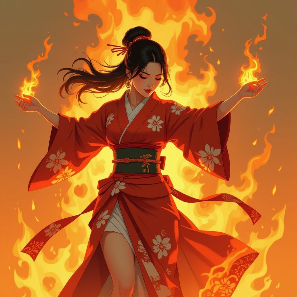 Passionate Dance in Fiery Japanese Art Style