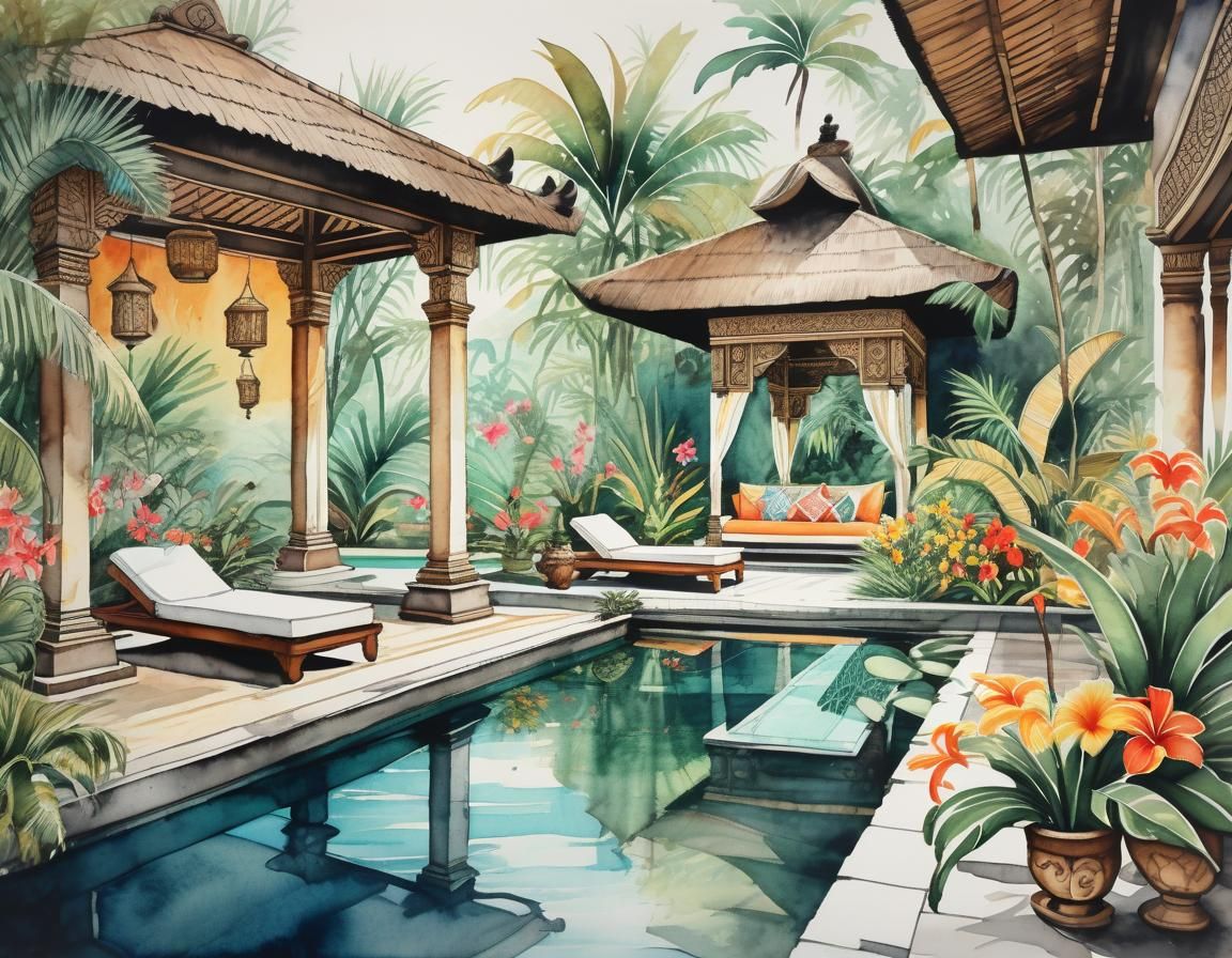 Utopian Bali Patio Retreat as Watercolor Art