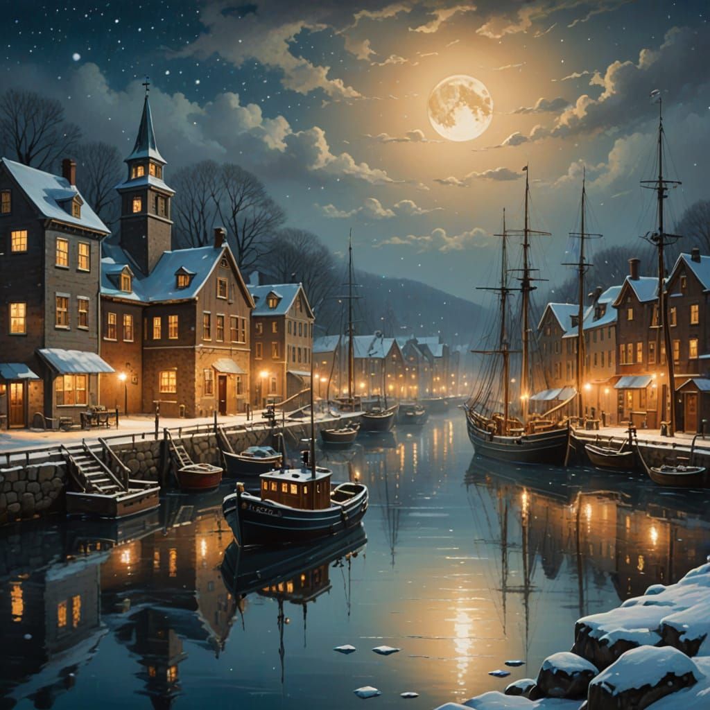 Serene Winter Harbor at Night with Majestic Ships