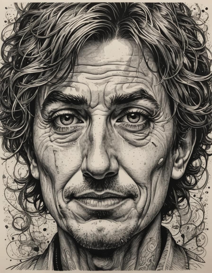 Ironic Face Ink Drawing with Fine Pen Lines