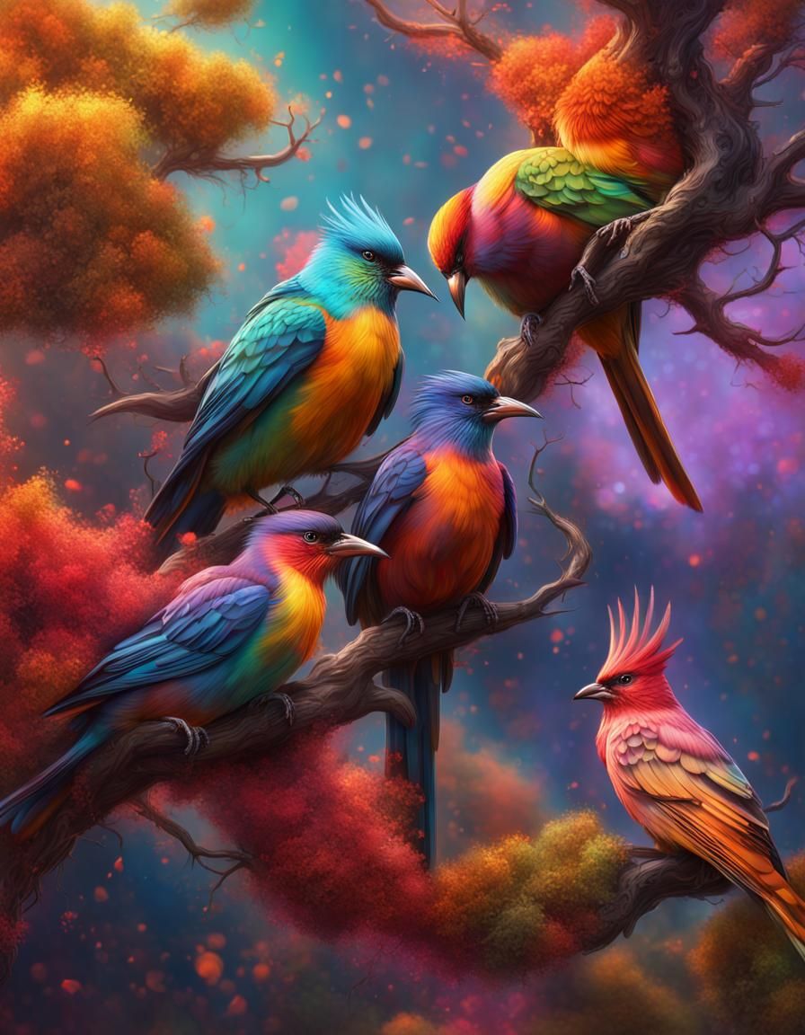 Colorful Birds in Flowing Tree: Hyperrealistic Digital Art