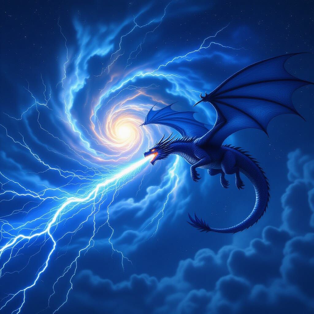 Midnight Blue Dragon in Cosmic Lightning Storm