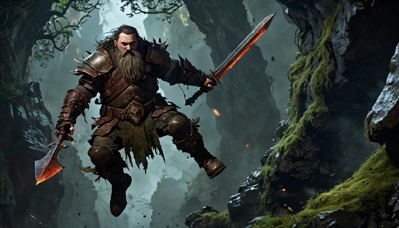 Dynamic Dwarf Warrior Vault in Eerie Fantasy Landscape