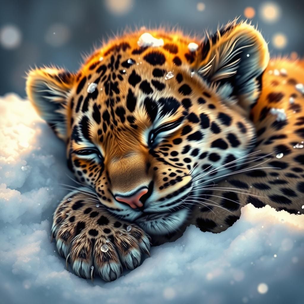 Adorable Baby Leopard Sleeping in Snow: Hyperrealistic Art