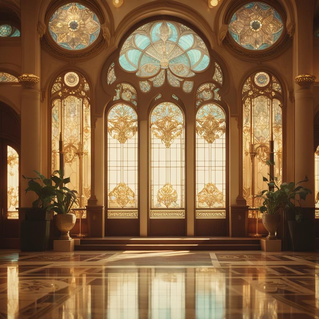 Art Nouveau Hotel Lobby Interior with Golden Details