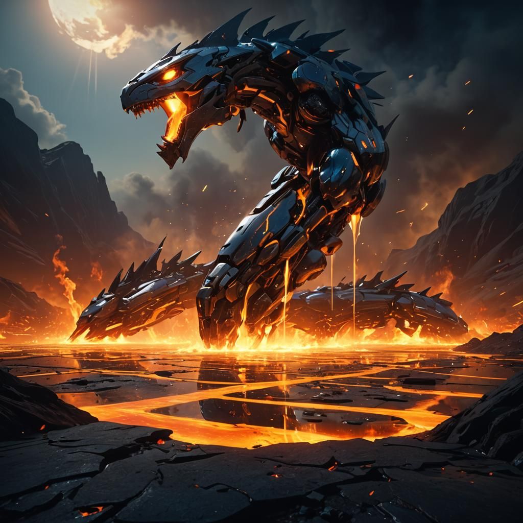 Futuristic Lavareel Breathes Fire in Sci-Fi Illustration