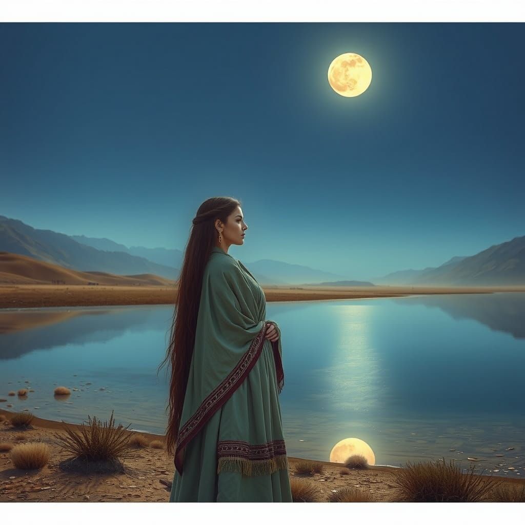 Mongolian Woman Under Moonlight in Surrealist Style