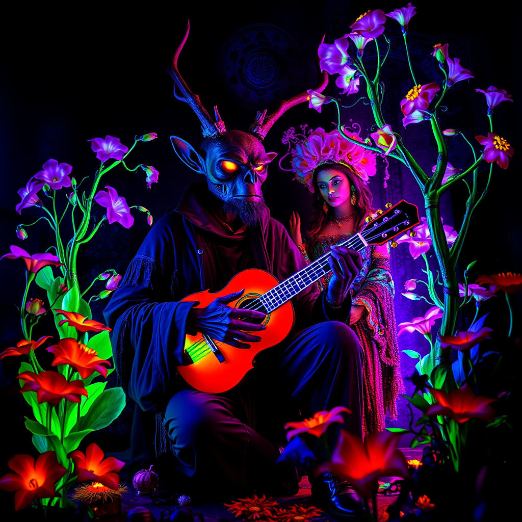 Surreal Diorama with Sawfish Man and Luminous Garden