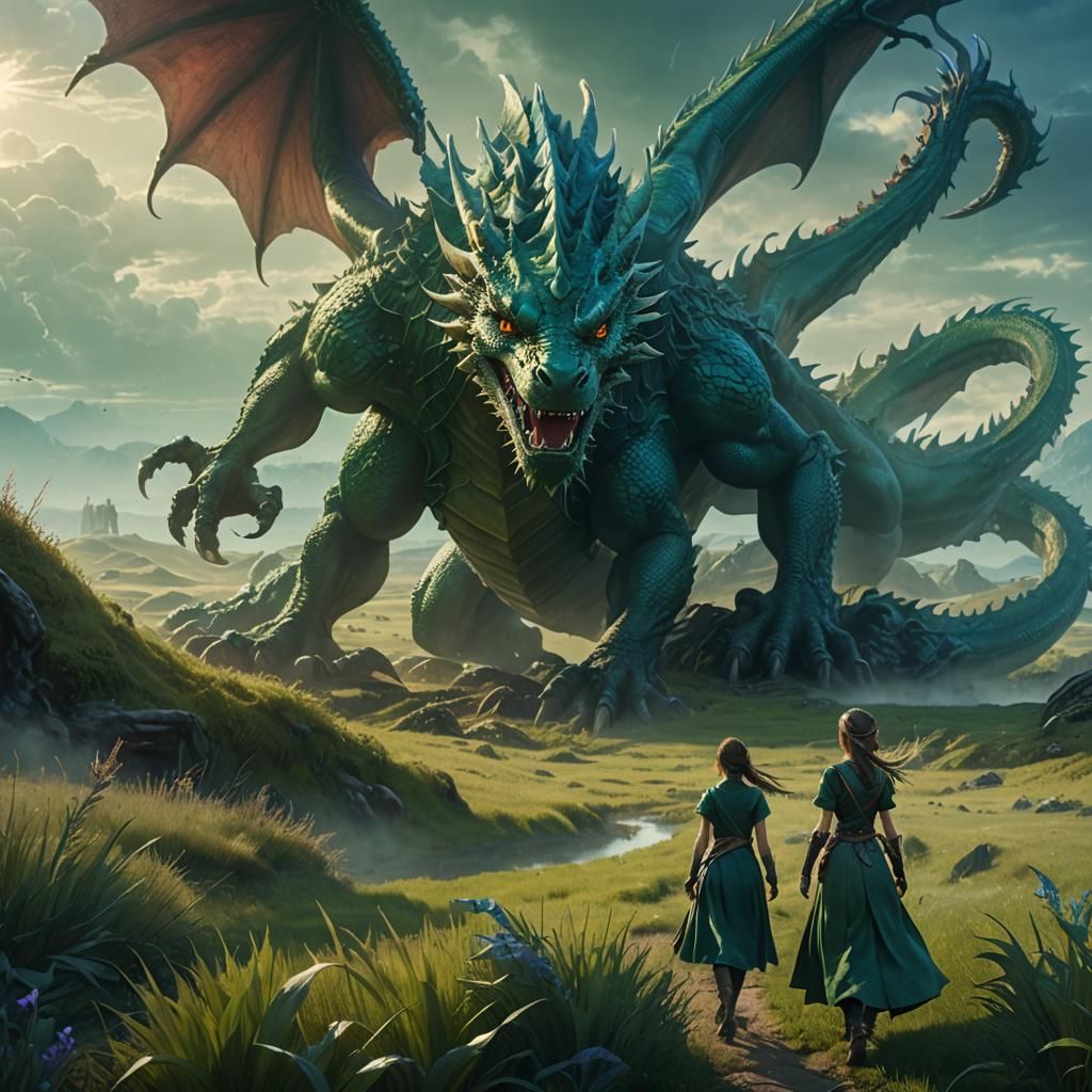Girl Taming Dragon in Emerald and Sapphire Fields