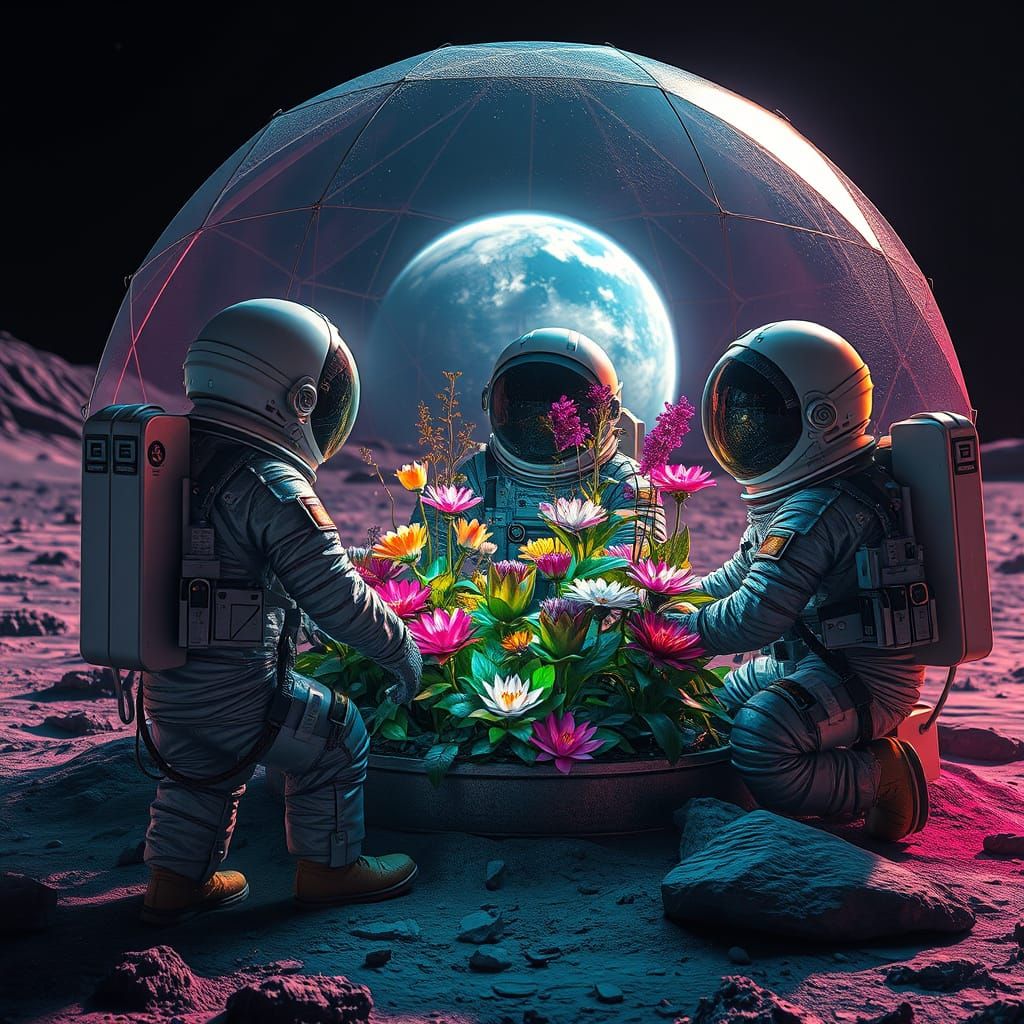 Moon Garden in Geodesic Dome: Futuristic Astronauts Nurture ...