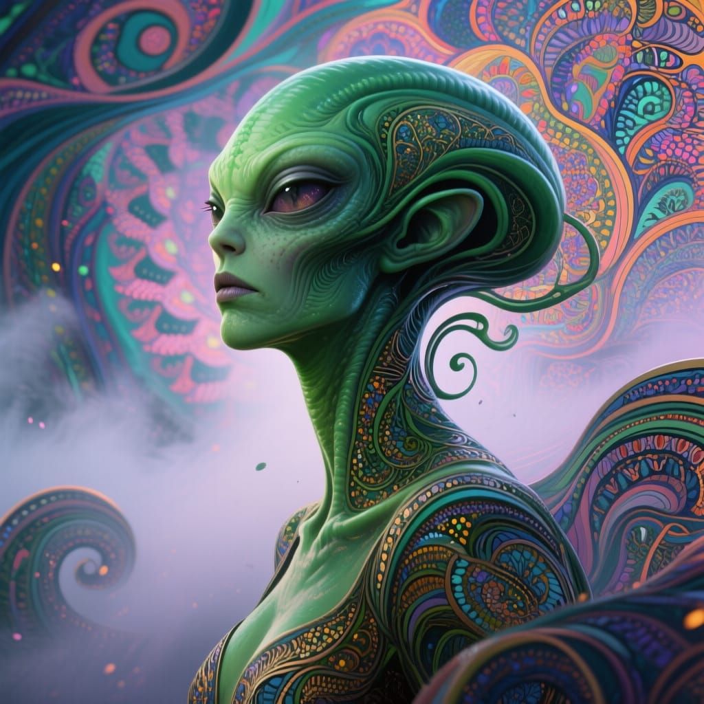 Curvy Green Alien Woman in Art Nouveau Style