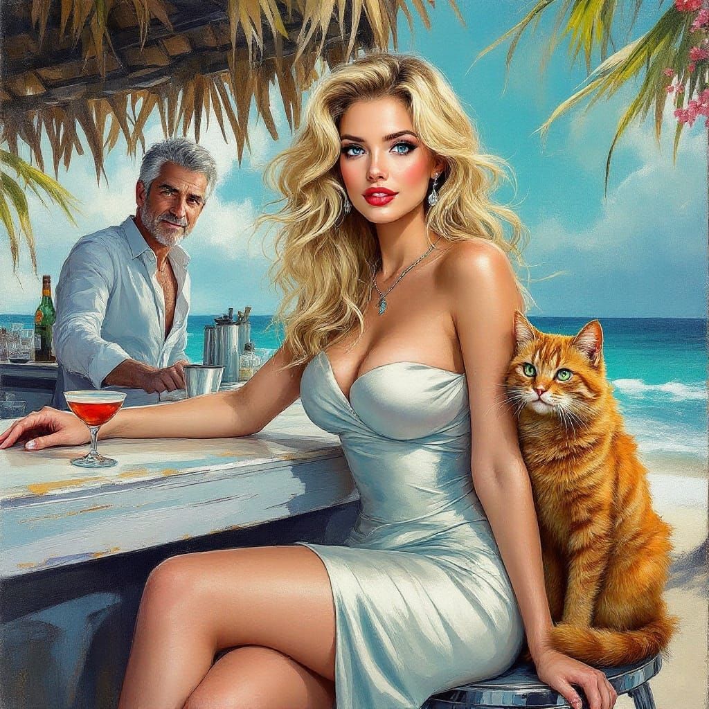 Caravaggio-Inspired Oil Painting of Woman on Tropical Beach