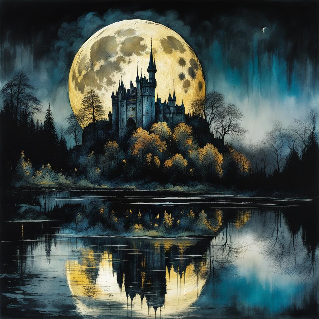 Gothic Castle and Golden Moon in Double Exposure