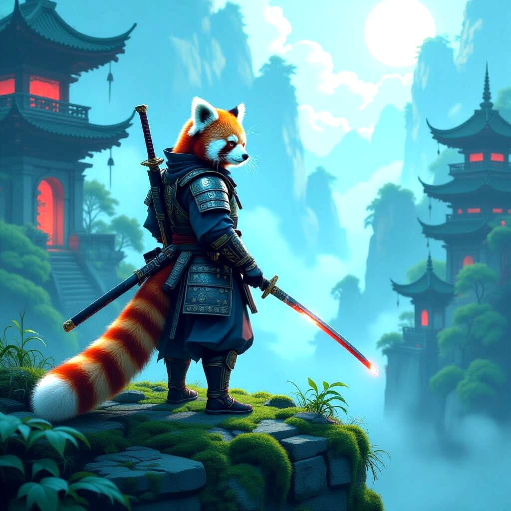 Red Panda Samurai Warrior in Alien Jungle