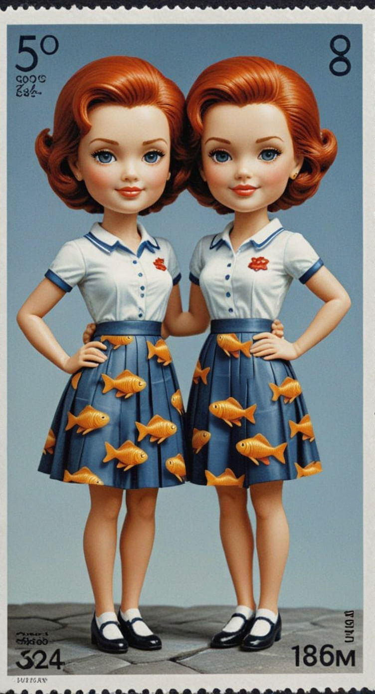 Bobblehead Twins with Fish on Postage Stamp