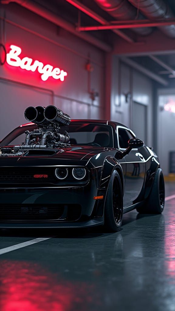 Aggressive Dodge Muscle Car in Industrial Setting