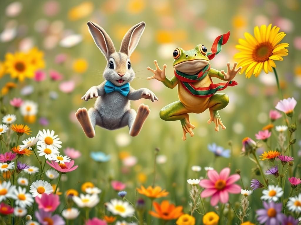 Rabbit and Frog Jumping Contest in Wildflower Meadow