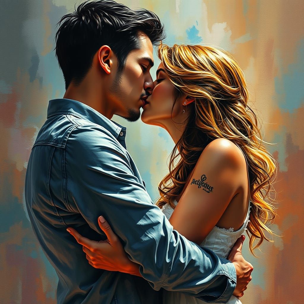 Hyperrealistic Portrait of Passionate Couple in Vibrant Wate...