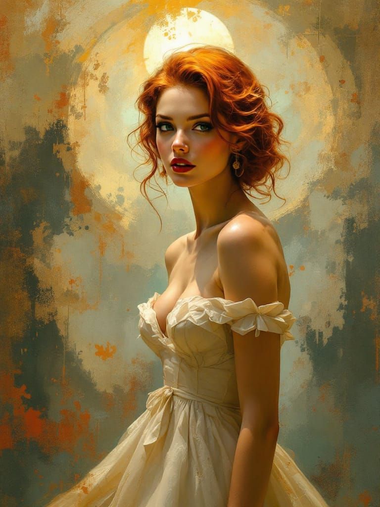 Redhead Pin-Up Woman in Soft Light as Oil Painting