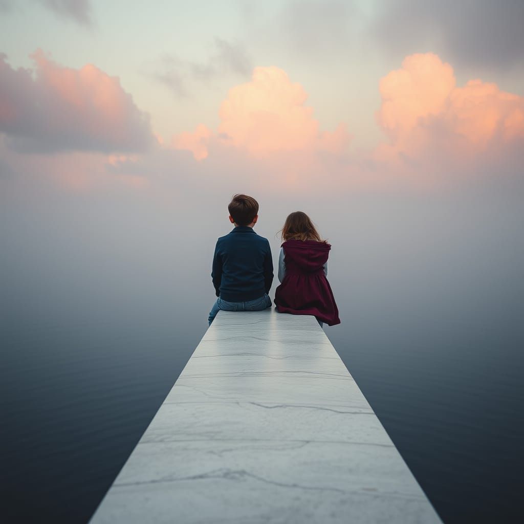 Youthful Couple Admires Serene Ocean Scene in Dreamy Atmosph...