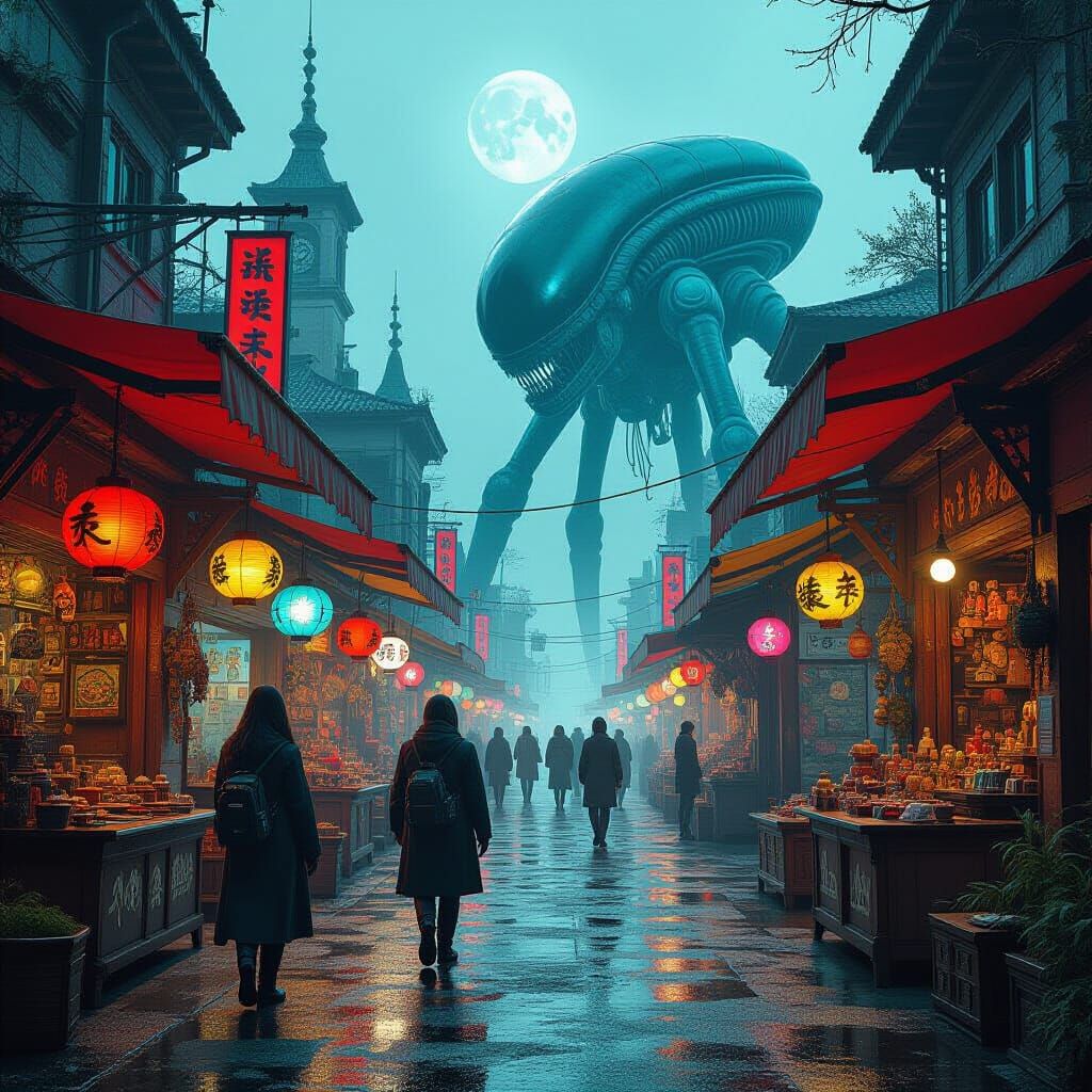 Vibrant Alien Market with Exotic Creatures in HDR