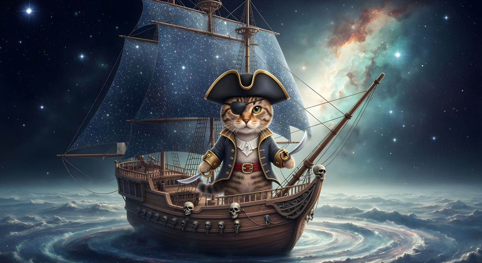 Tabby Cat Pirate Captain on Ship in Cosmic Surrealism