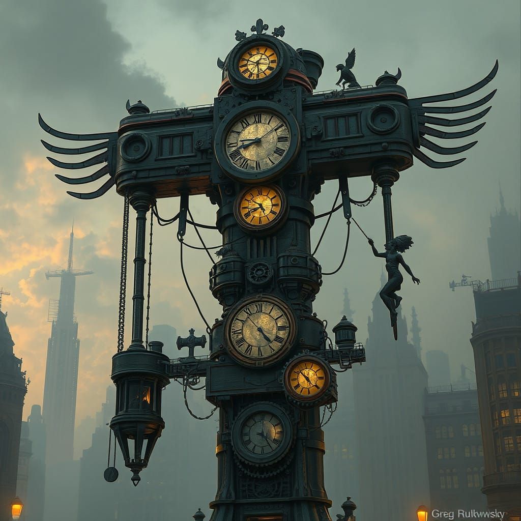 A mechanical totem, crafted from gears and clockwork, with glowing runes, set in a steampunk-inspired cityscape.