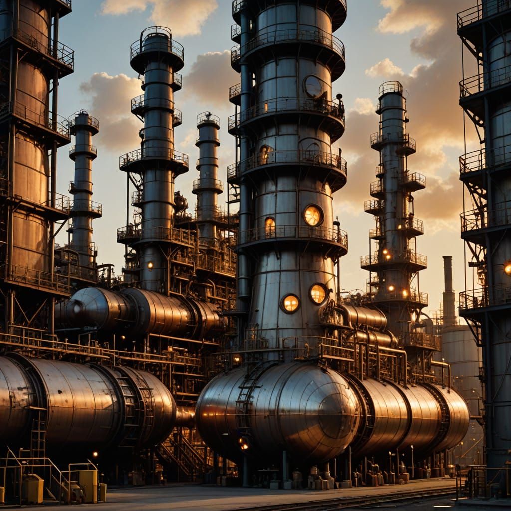 Steampunk Oil Refinery in Golden Twilight