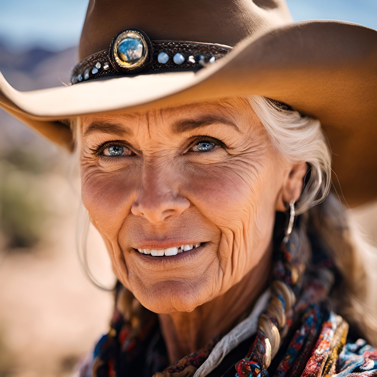 Cowgirl Portrait with Loving Gaze in Desert