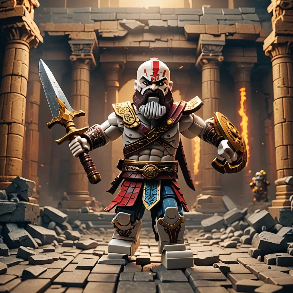 LEGO Kratos with Blades of Chaos in Temple