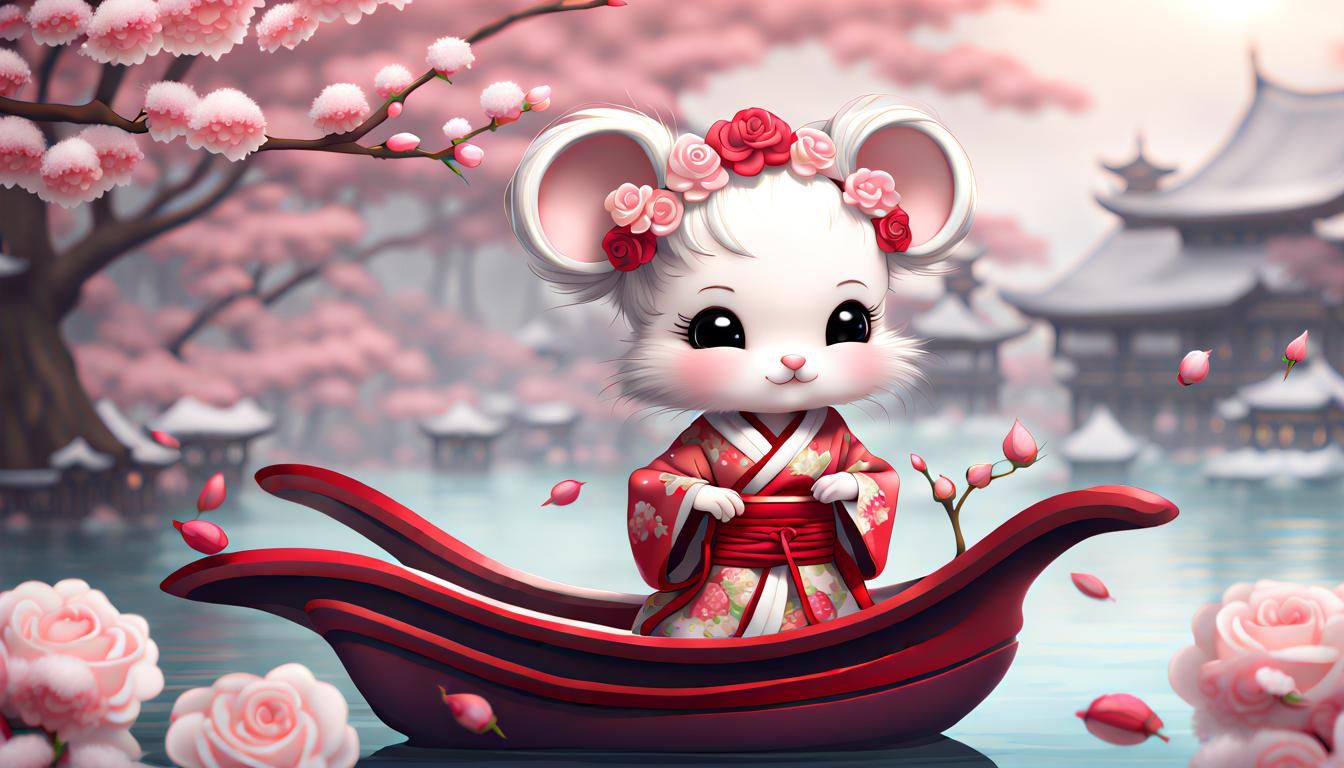 fluffy white baby chibi mouse in a rose geisha costume in a pagoda boat snowy tree roses far
