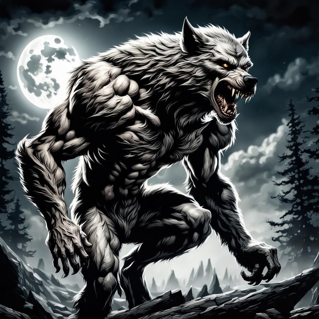 Hyperrealistic Werewolf Rising in Moonlight